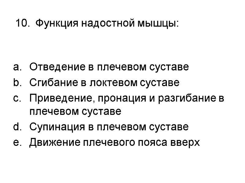 Функция надостной мышцы:  Отведение в плечевом суставе Сгибание в локтевом суставе Приведение, пронация